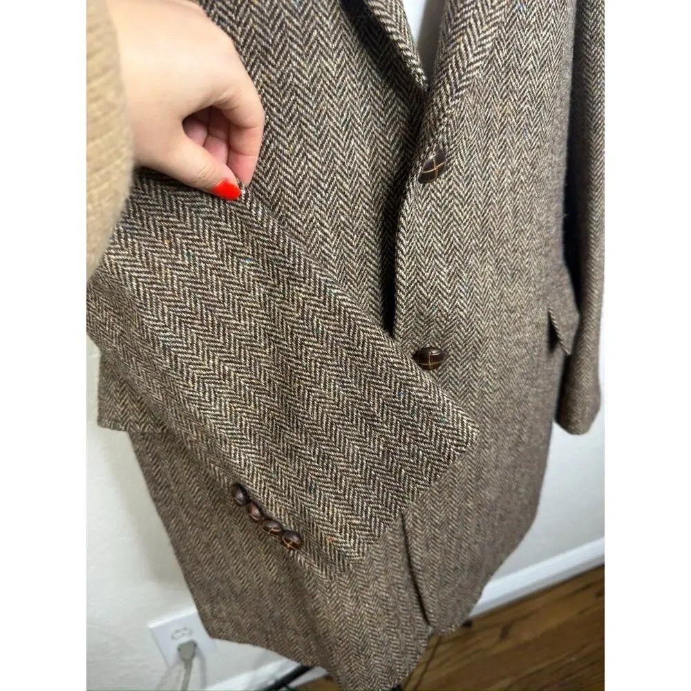 Harris Tweed Scottish Wool Blazer Houndstooth Brown Men Coat Jacket 44L Brown